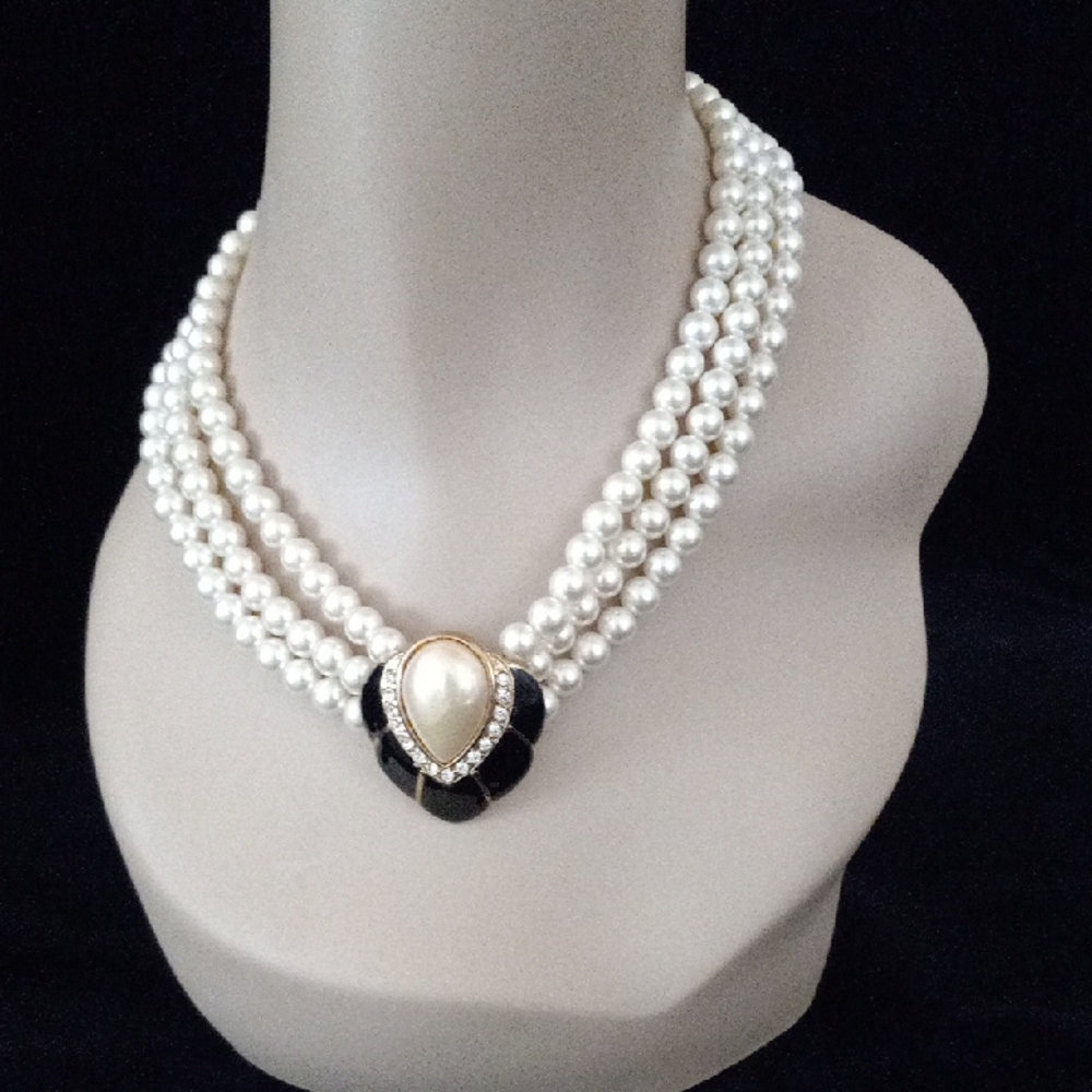 Triple Strand Pearl Necklace with Black Enamel and Crystal Accent